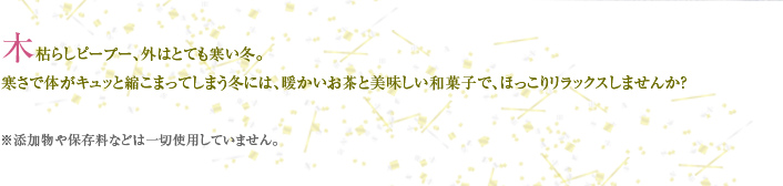 木枯らしピープー、外はとても寒い冬。 寒さで体がキュッと縮こまってしまう冬には、暖かいお茶と美味しい和菓子で、ほっこりリラックスしませんか？